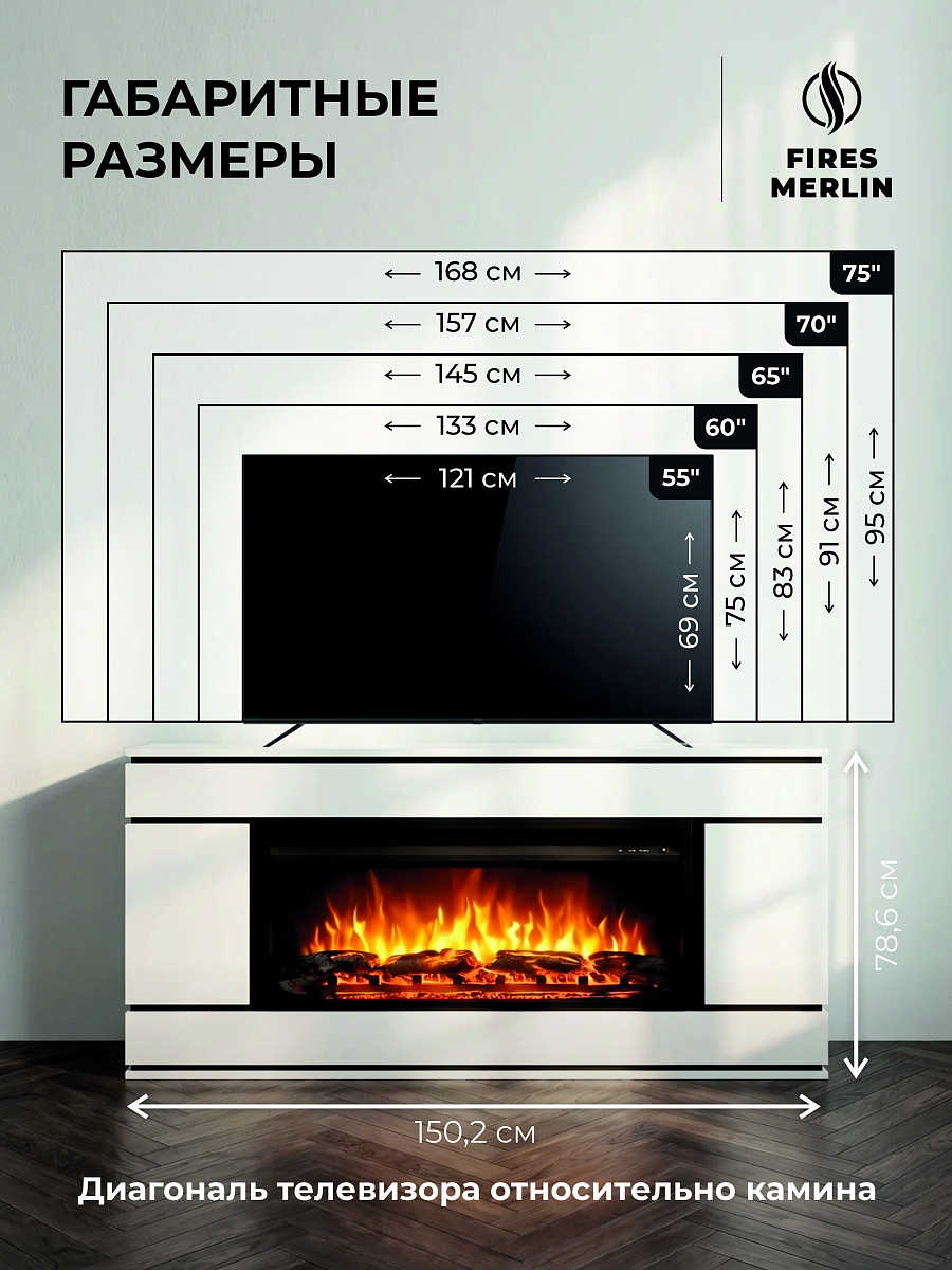 Электрокамин напольный Fires Merlin Vega Light белый, с порталом и очагом 36", эффект живого пламени, звук дров, обогрев 2000 Вт, пульт ДУ