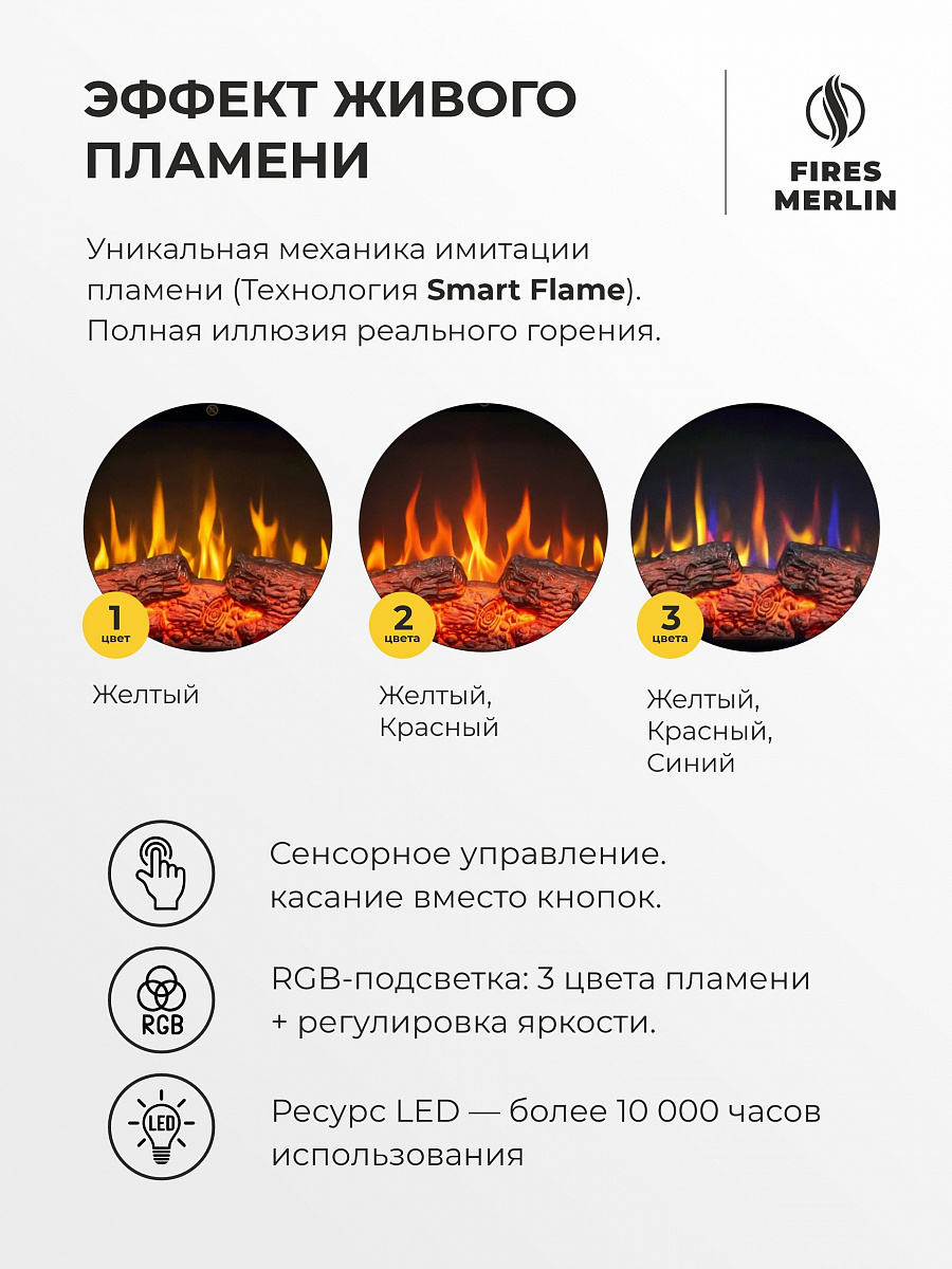 Камин электрический Каскад Шиншилла c очагом Кендал, настройка яркости, эффект звука потрескивания дров и живого пламени, обрамление (Электрокамин)