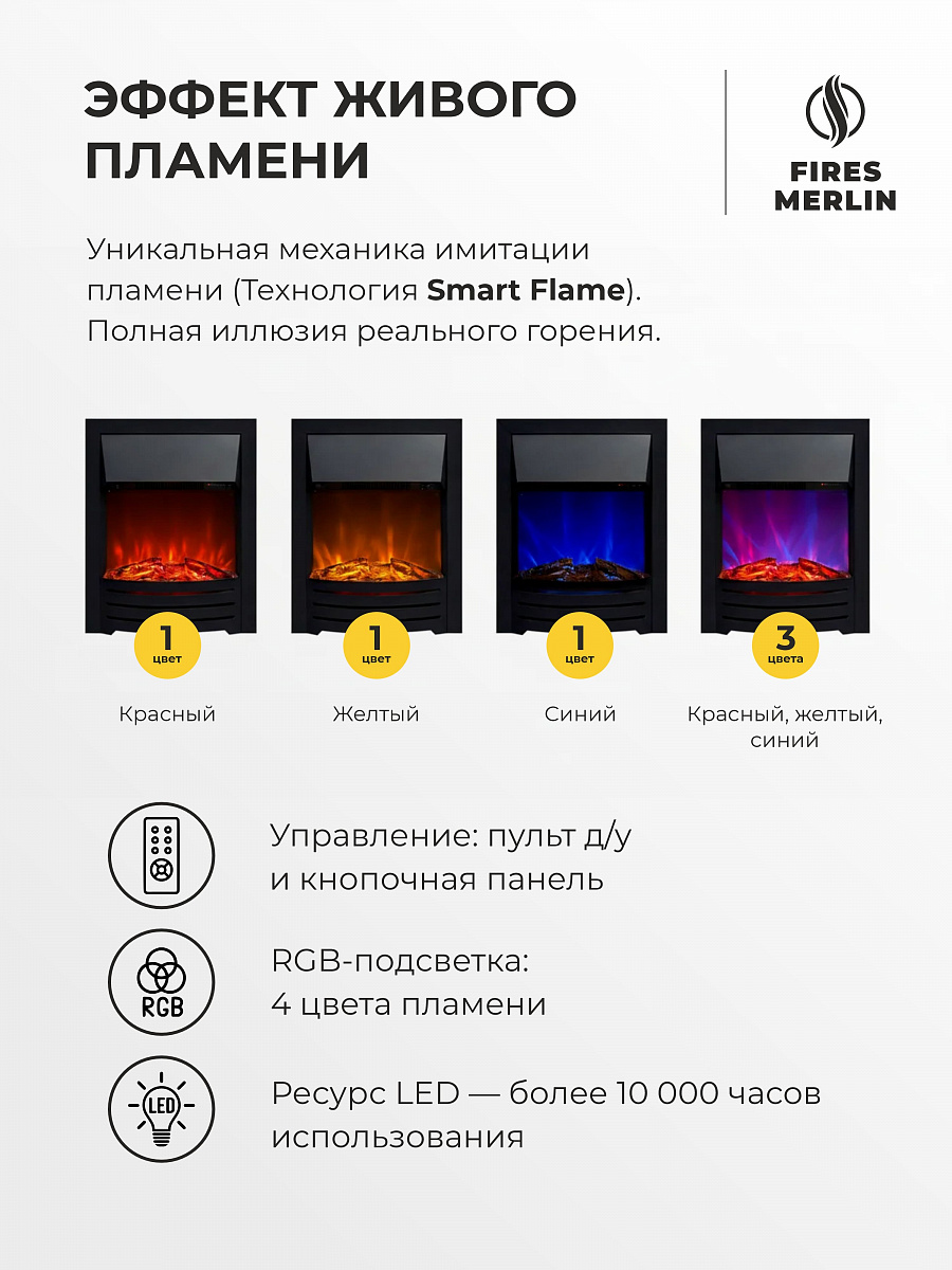 Камин электрический напольный Флора белый с очагом Оскар, с обогревом, имитация пламени и звука