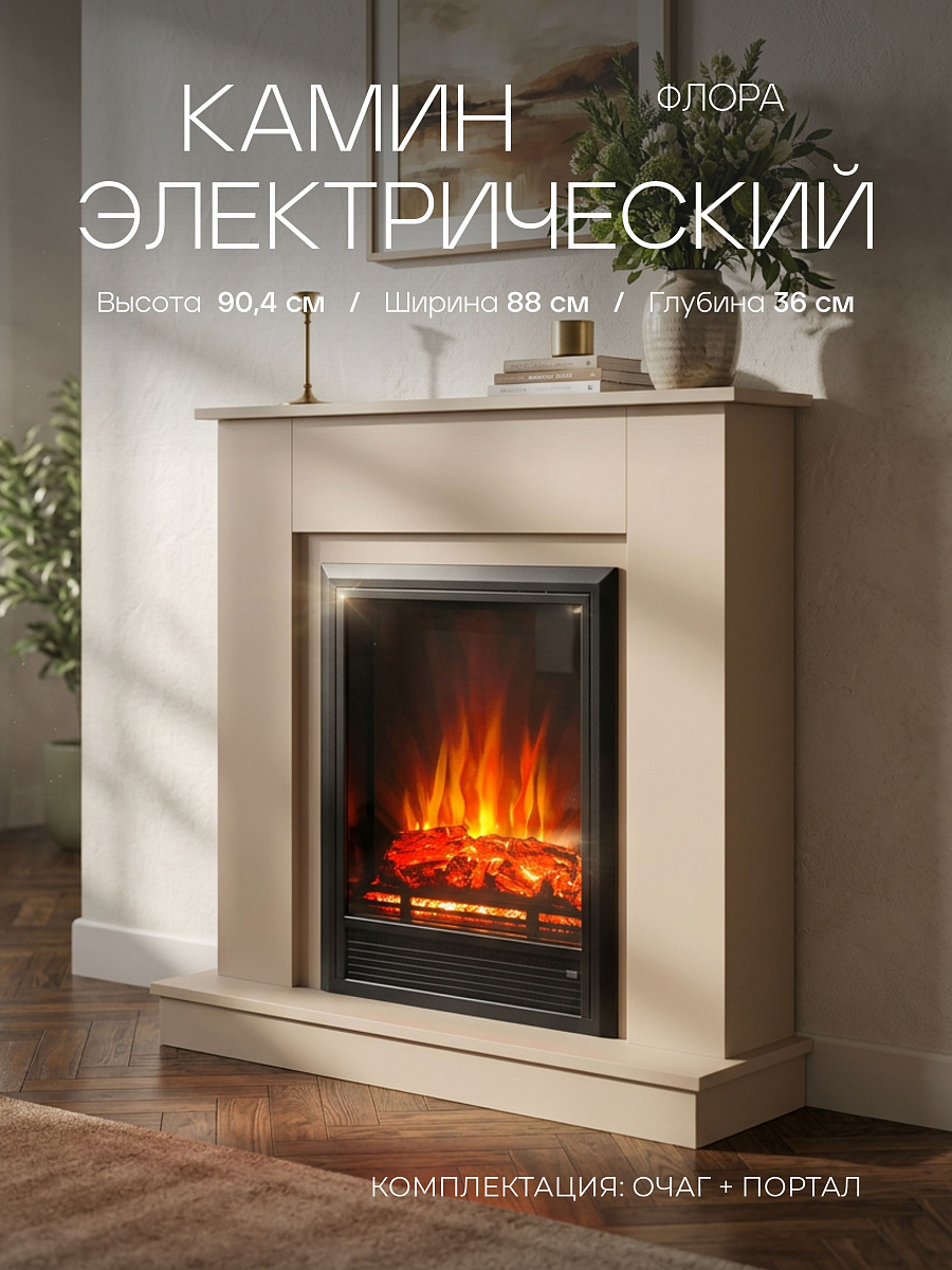Камин электрический Fires Merlin Флора с очагом Eugene, электрокамин напольный с эффектом живого огня, звуком потрескивания дров, обогревом и пультом ДУ