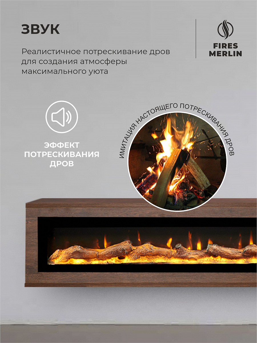 Камин электрический декоративный настенный Люкс Лофт, электроочаг Рио, имитация звука потрескивания дров, дистанционное управление