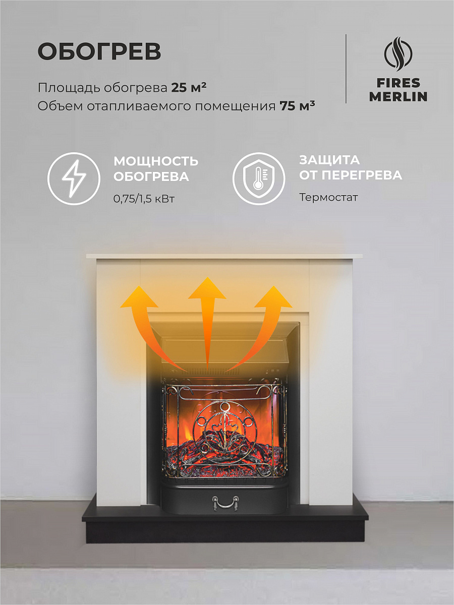 Камин электрический декоративный Флора белый черный с очагом, с обогревом, имитация пламени и звука