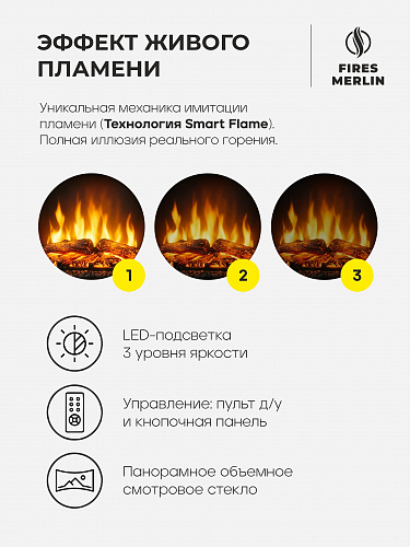 Камин электрический Соренто напольный c панорамным очагом, настройка яркости, эффект звука потрескивания дров и живого пламени, обрамление (Электрокамин)